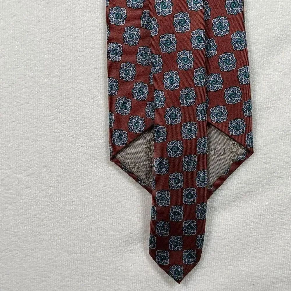 Christian Dior Silk Tie Red Blue Geometric Medallion Made USA Italy Classic 3.5